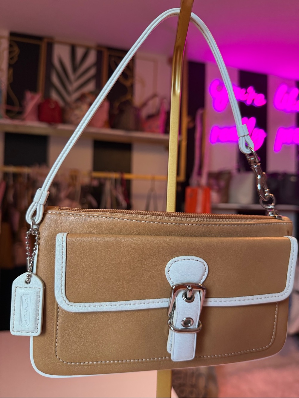 Coach Y2K Buckle Mini SoHo Bag Wristlet Beige White Leather Purse